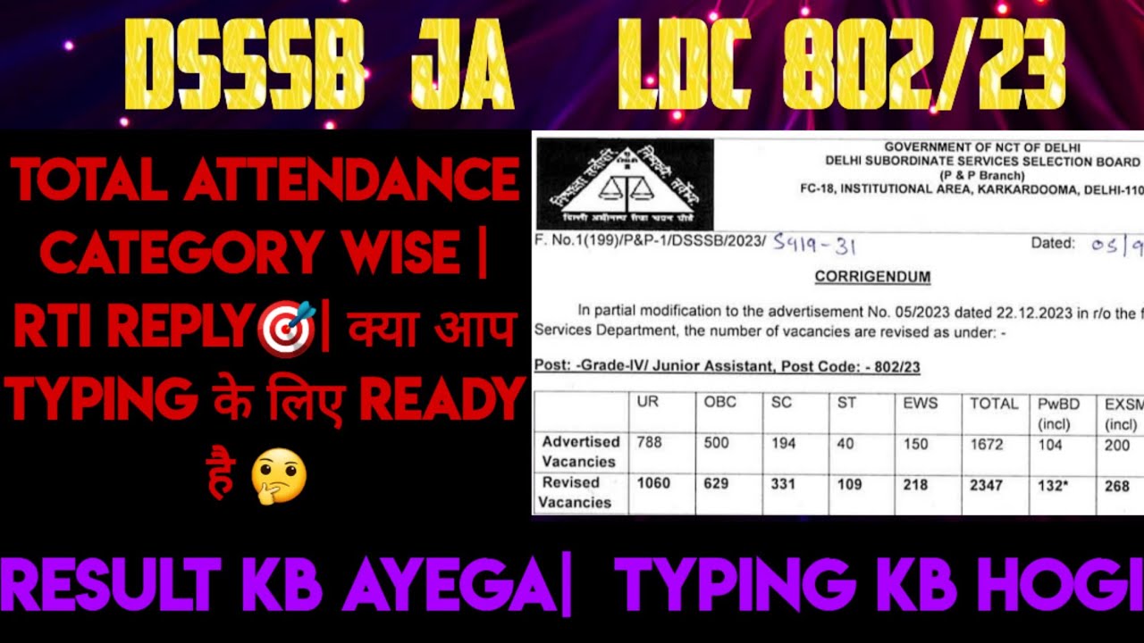 DSSSB🎯DASS GRADE4 LDC/JSA Category wise Attendance  Rti Reply ?Result kb ?Cutoff🤔 Detailed Analysis 