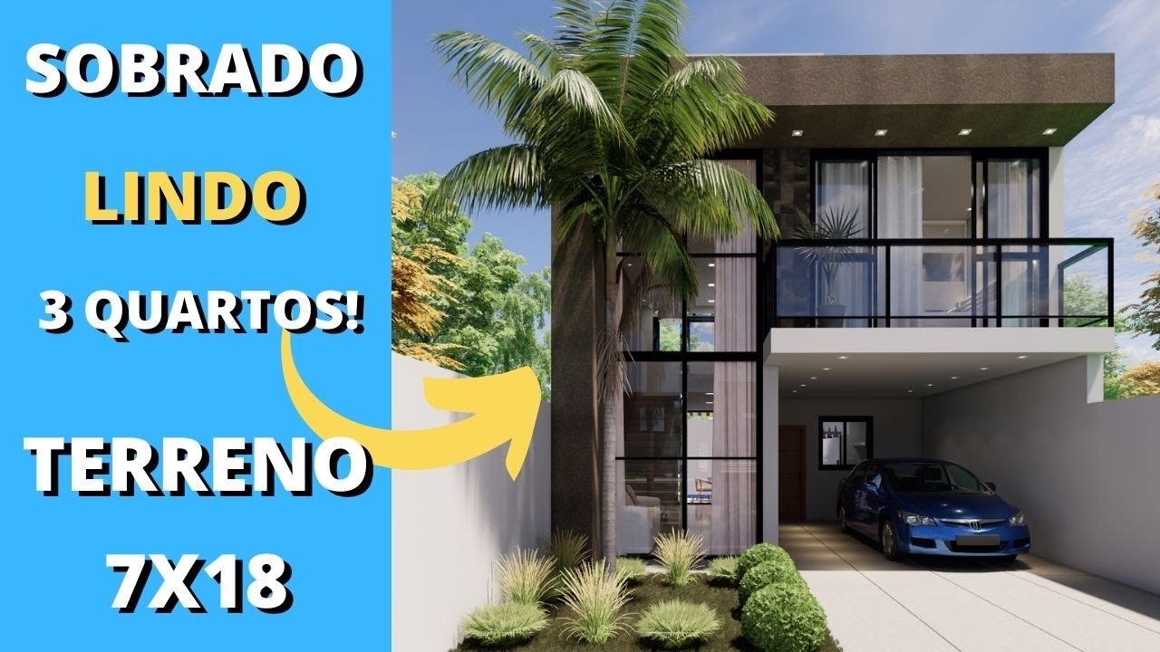 ✅PLANTA DE SOBRADO PEQUENO COM 3 QUARTOS PARA TERRENO 7X18 COM PISCINA E GARAGEM|MODERNO