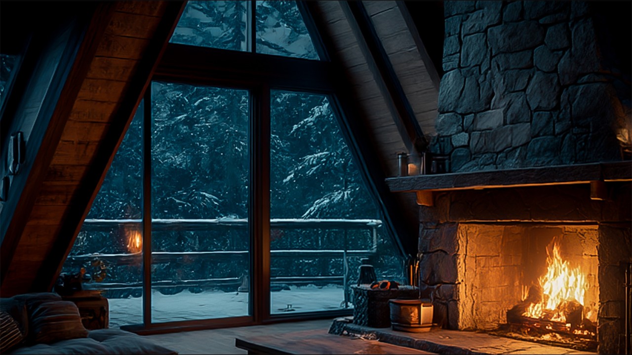 Silent Snowfall – Cozy A-Frame Cabin at Night | Fireplace Ambience & Soft Piano Jazz (4K)
