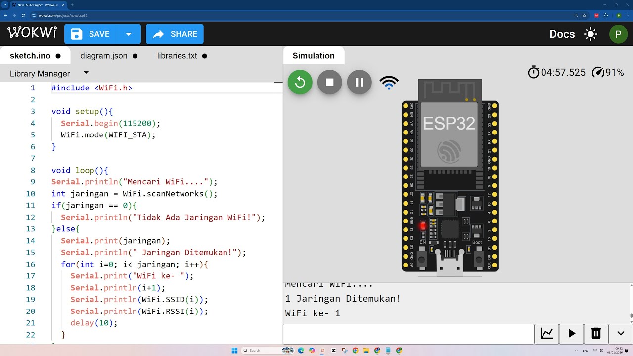 Scan WiFi atau Mencari Jaringan WiFi IoT ESP32 UNTUK PEMULA - BASIC di Simulator WOKWI #wokwi #iot