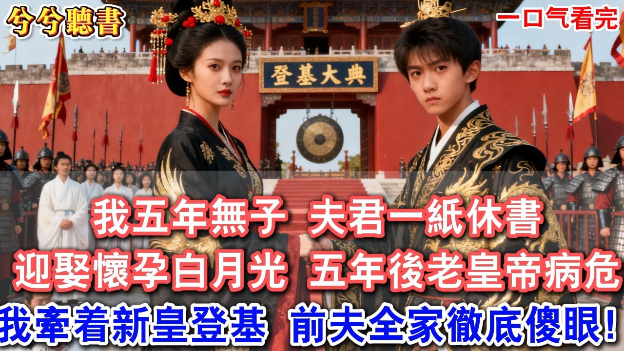 因我五年無子，夫君一紙休書將我掃地出門，迎娶懷孕白月光。五年後，老皇帝病危全城戒嚴，我牽着新皇登基，前夫全家被堵在門外，徹底傻眼#有聲小說 #爽文 #小說  #古言 #完結 #愛情 #將軍 #王爺