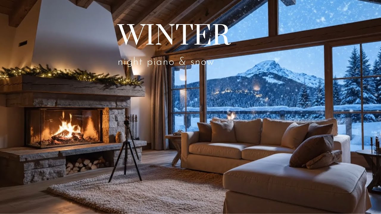 Luxury European Winter Home Indoor Snow View, Fireplace & Calm Piano Mood