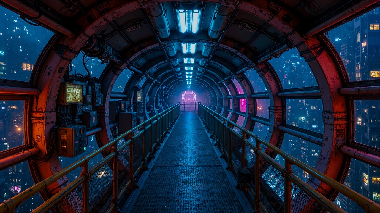 Cyberpunk Sky Tunnel | Futuristic Neon City Night Ambience & Megacity Lights | 4K