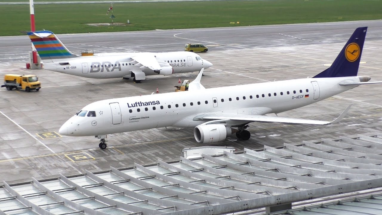 Lufthansa Embraer 190 landing and takeoff Linz Airport D-AECF