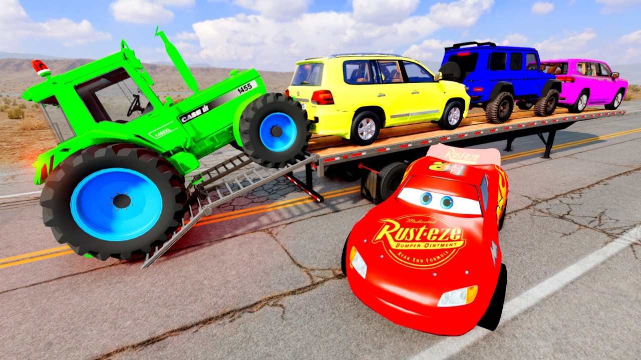 TRANSPORTING PIXAR CARS & FRUITS WITH COLORED & JOHN DEERE vs CLAAS vs TRACTORS - BeamNG.drive