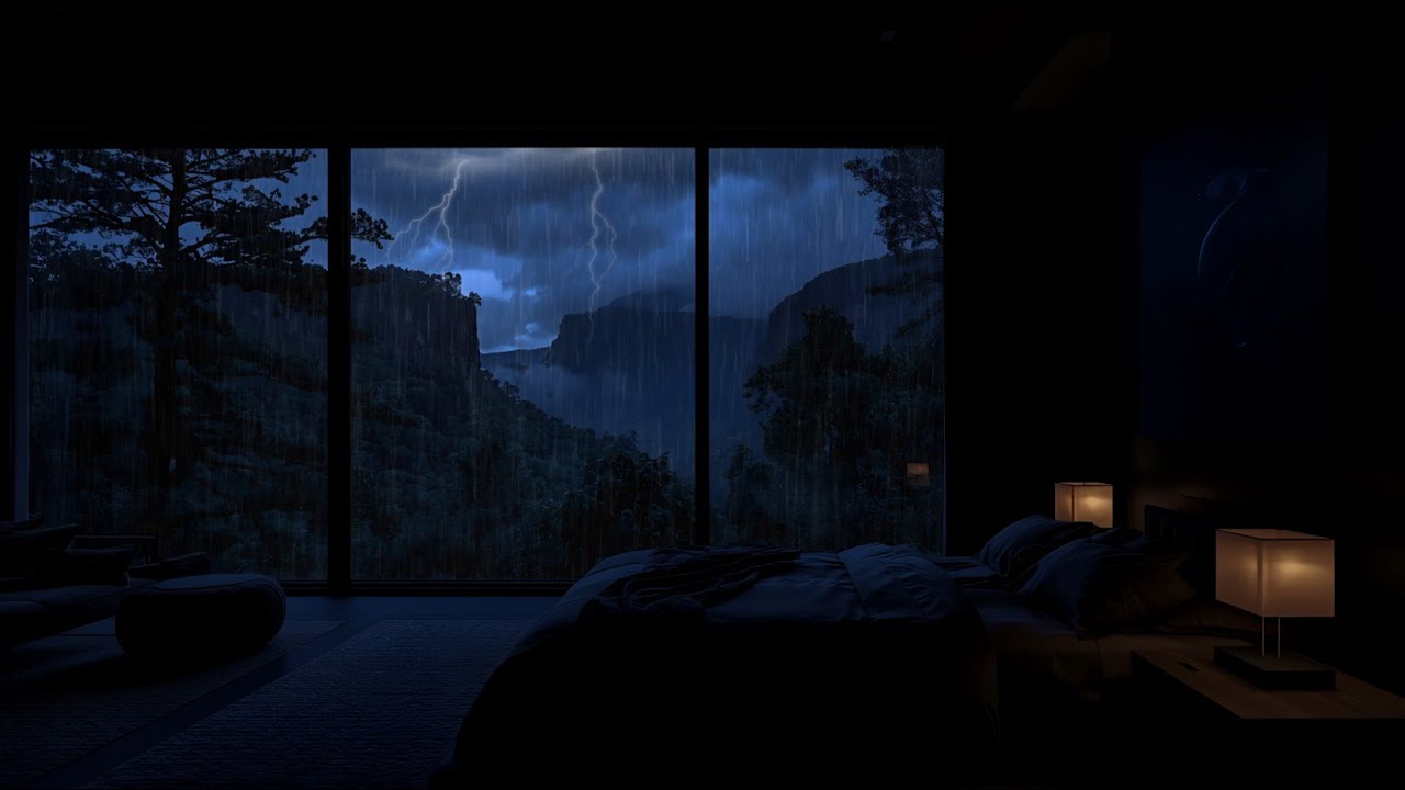 Rain Sounds for Sleeping 🌧️ Dark Luxury Mountain Bedroom at Night | Relaxing Storm Ambience 💤
