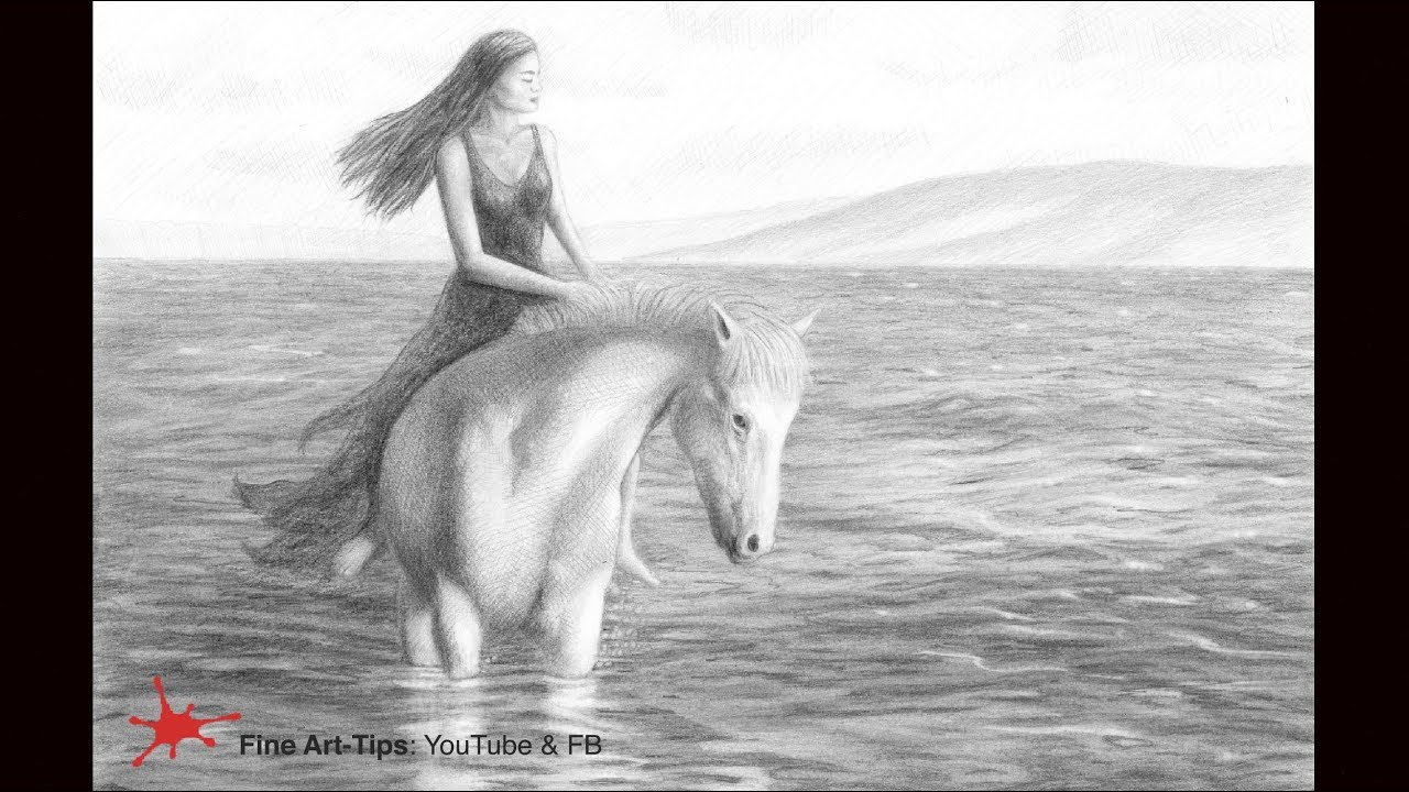 How to Draw a Beautiful Woman on a Horse, in the Water