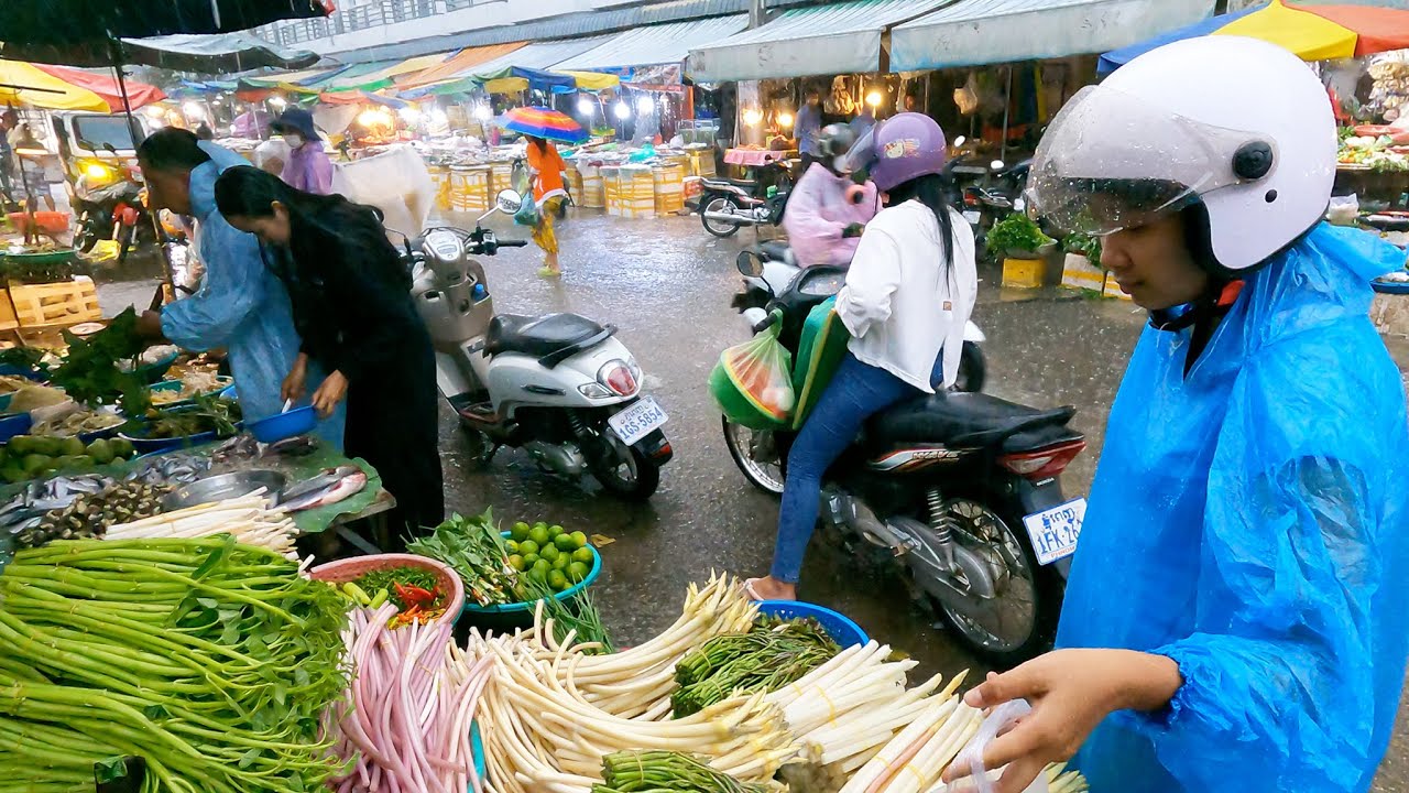 Cambodian Food Market Walking Tour Under The Heavy Rain @Tuol Sangke Market - Food Market Scenes