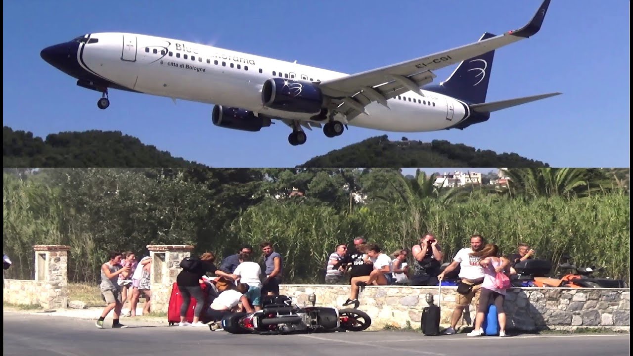 JETBLAST DROPS 2 MOTORCYCLES ON GROUND!! Blue Panorama 737/Skiathos Airport - Dangerous Jetblast!