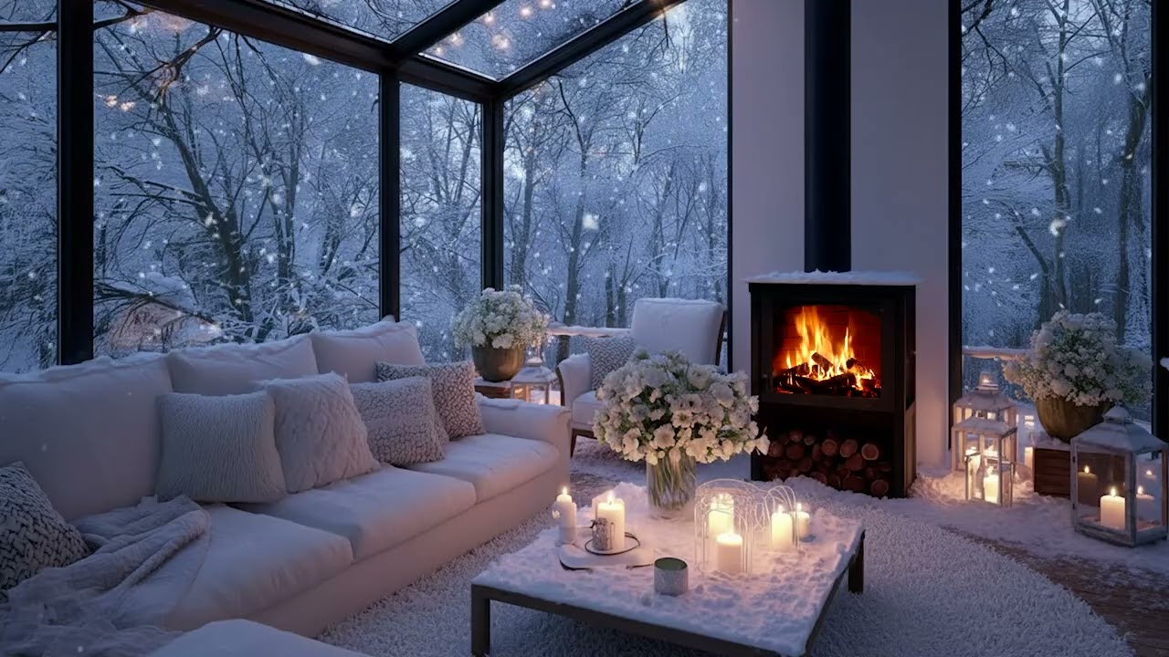 Peaceful Snow Piano Lounge | White Floral Interior and Warm Fire Glow