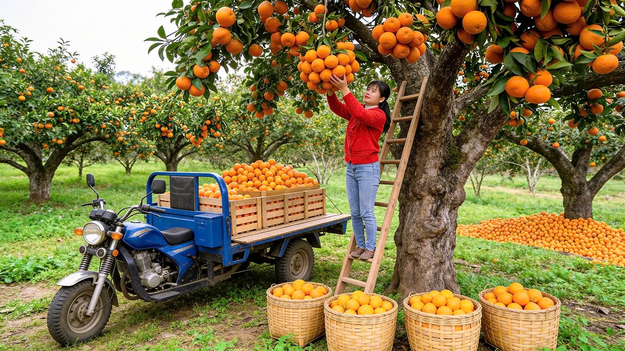 Harvesting Tons of Ripe Oranges from a Big Orchard | Selling at the Country Market