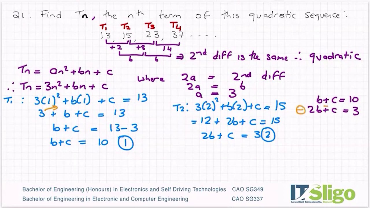 Sequence and Series Quadratic Example 1 Leaving Cert Higher Level Maths