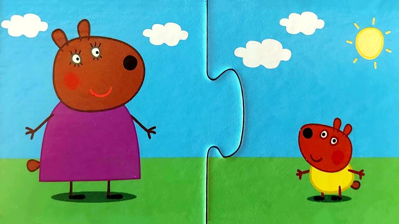 Медвежонок Броди и Мама играют вместе - собираем пазлы для детей с героями мультика свинка пеппа