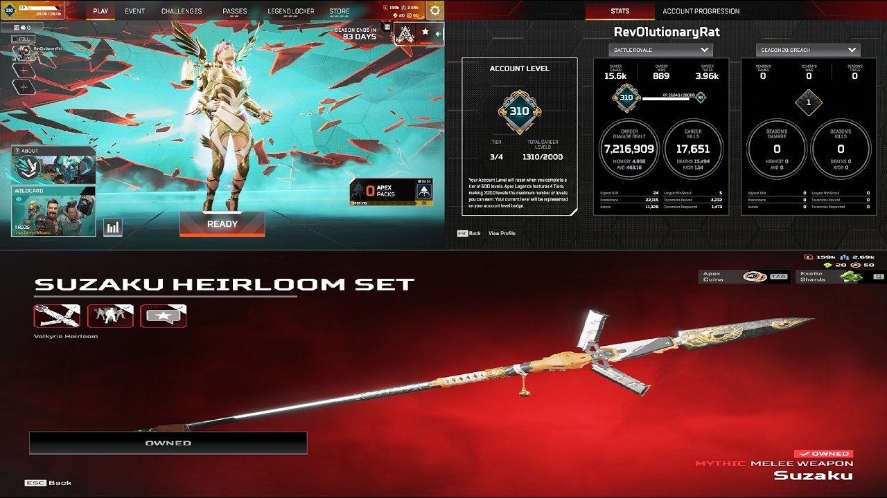 (Sold)Super Stacked1310 Level Valkyrie Heirloom 17651 Lifetime Kills 427 Legendary Glowing R 301+