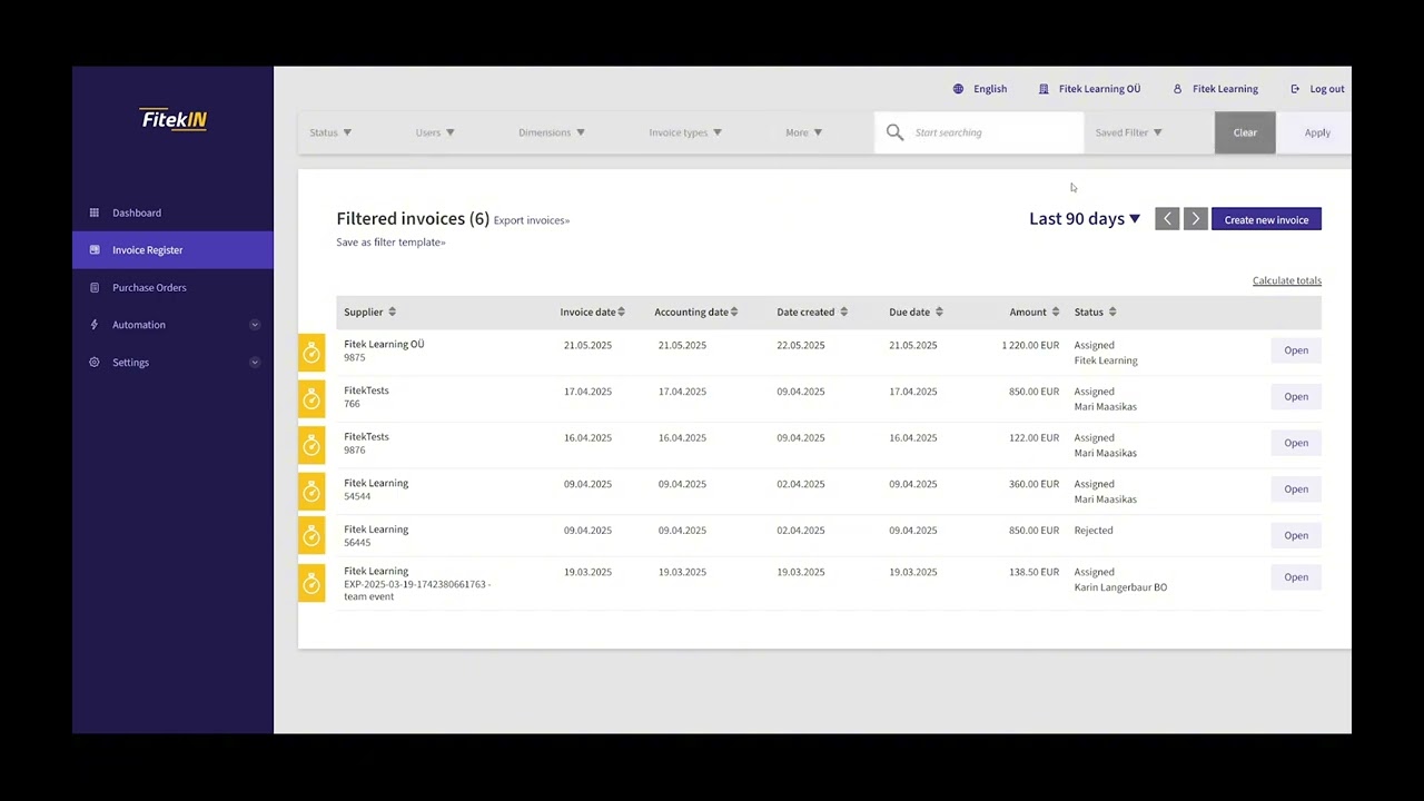 Fitek - Invoice Register Filters