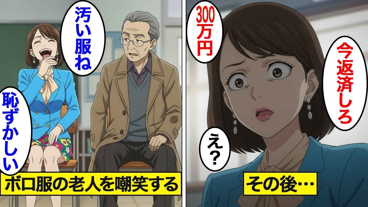 【漫画】ボロ服で授業参観を見に来る老人。「汚い格好で来るなんてｗｗ」「探したぞ」笑っていた保護者に老人がかけた言葉は…【スカッと】