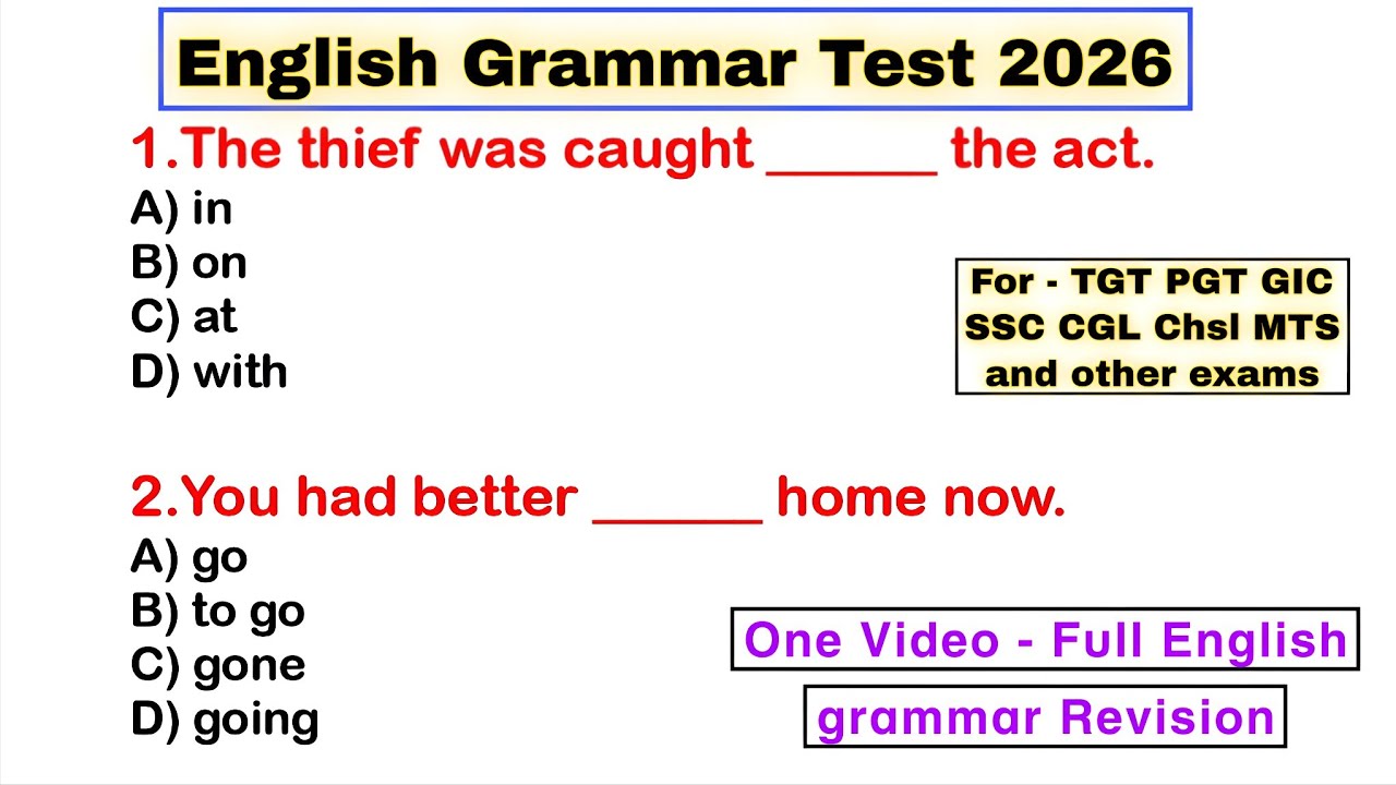 English Grammar Test 1 | Full Grammar Revision for TGT PGT GIC | SSC CGL CHSL MTS | 
