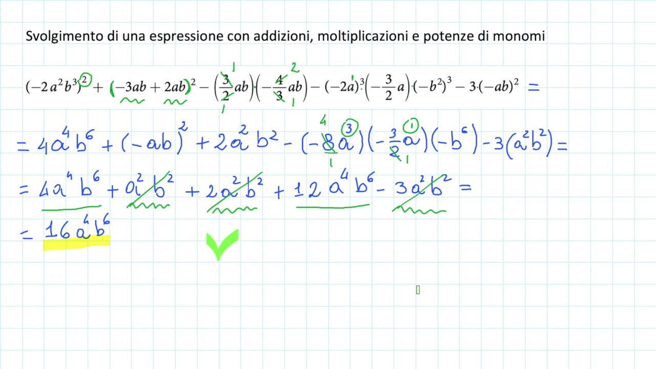 Espressione con monomi (addizioni, moltiplicazioni, potenze) - Esempio svolto