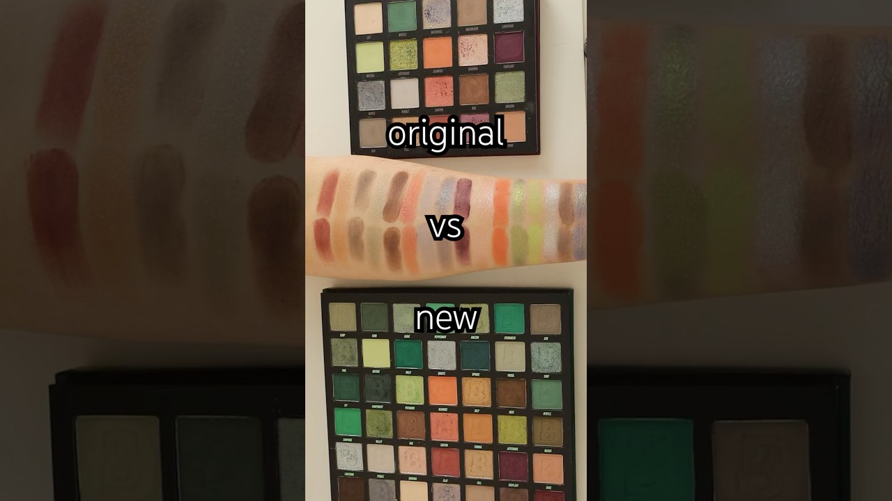 Side by side comparison swatches original Beauty Bay Botanical and New 42 Pan eyeshadow palette