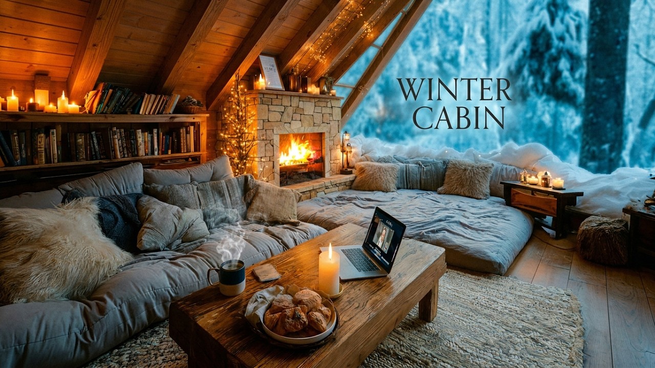 Winter Cabin by the Forset❄️ | Soft Piano, Falling Snow & Fireplace Sounds for Sleep