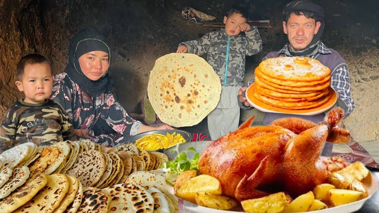 Young family lives in dangerous old cave, cooking delicious chicken in rural Afghanistan