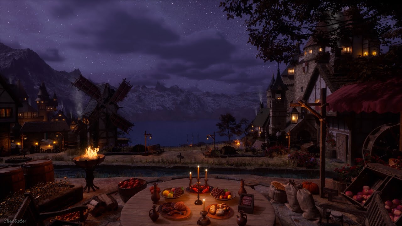 Fantasy Medieval Village Ambience In An Autumn Night | Crackling Fire, Crickets, Owls, Water Sounds