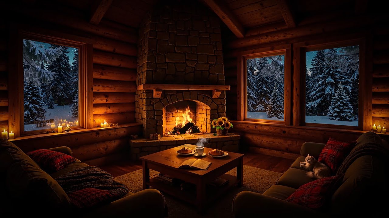 Soothing Cabin Ambience | Instrumental Cozy Music With Fireplace & Relaxing Piano Music