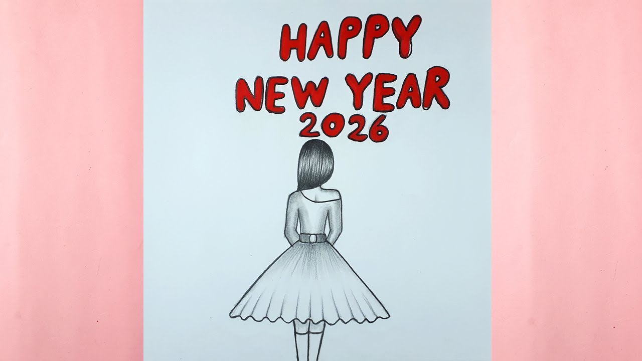 Drawing of a Girl Celebrating Happy New Year 2026 | Pencil Sketch | Happy New Year Drawing