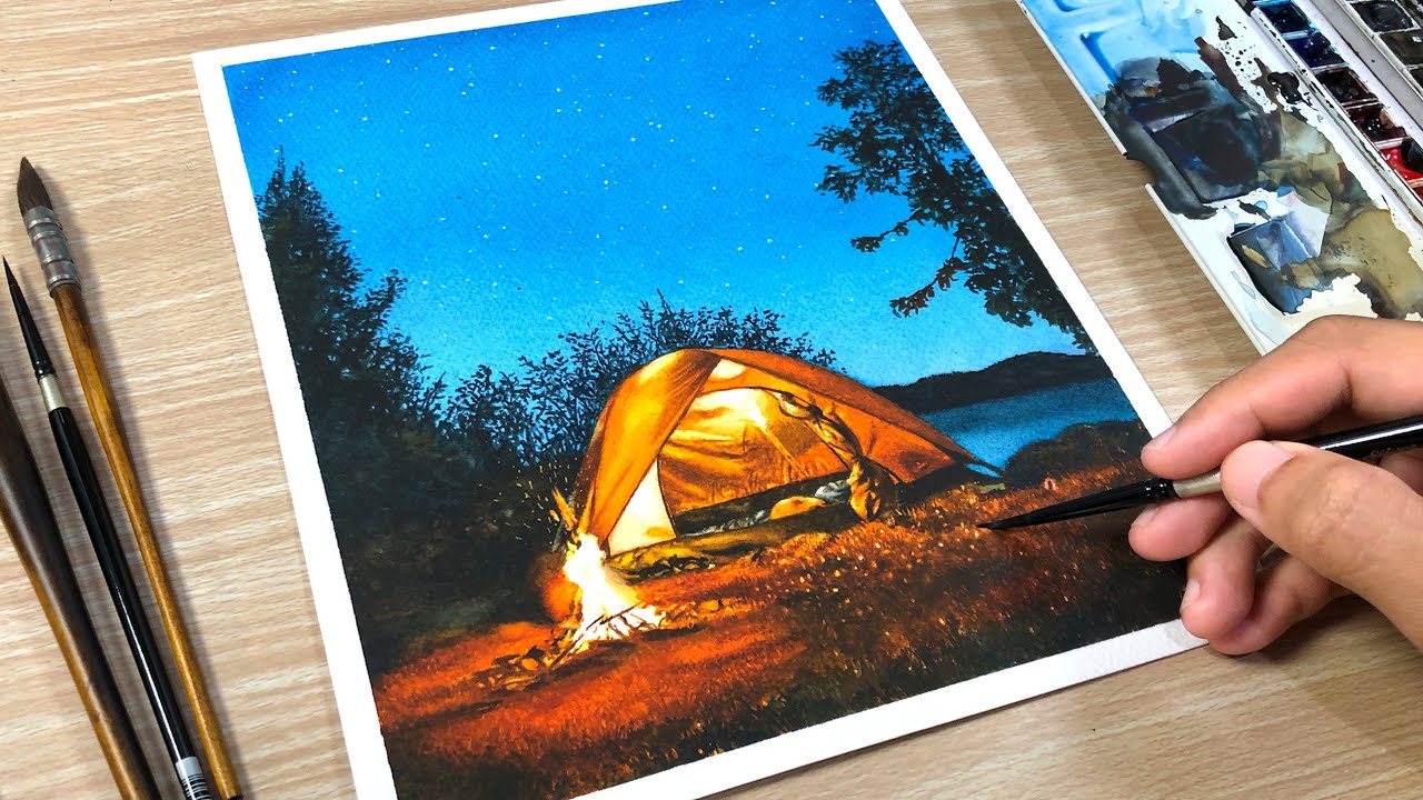 Night Camping in Watercolor Painting