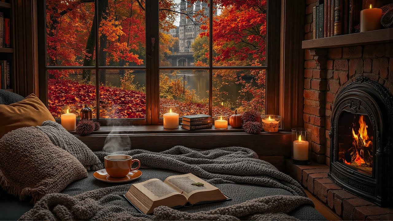 Warm Reading Nook by Rainy Window 🌧️ October Jazz with Candlelight, Fireplace & Relaxing Piano