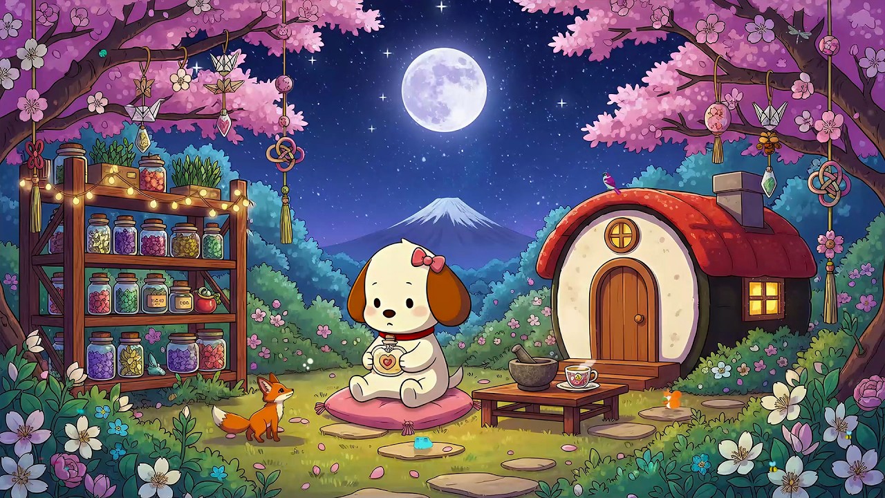Cute Puppy & Fox Friend 🌸 Lofi Puppy Relaxing Beats 🌕 Peaceful Sakura Night Garden | Deep Foc