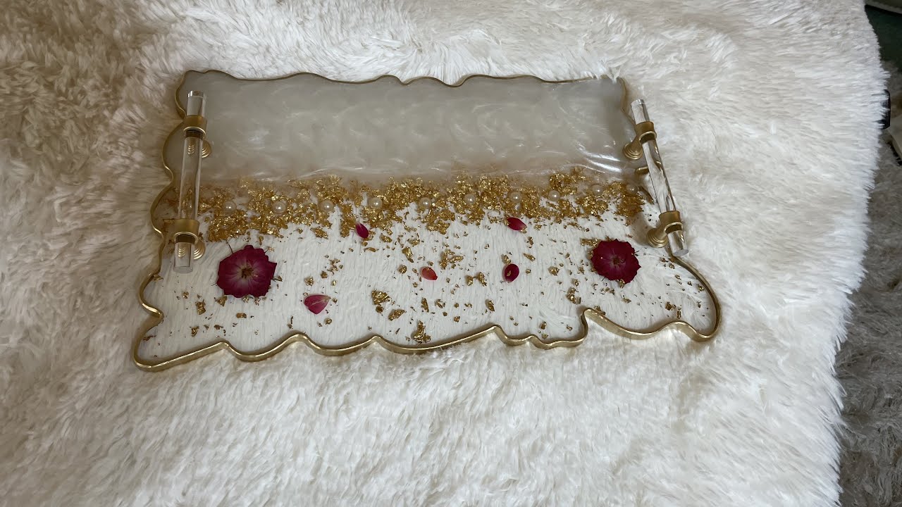 White and gold resin tray with pearls! Floral resin tray!
