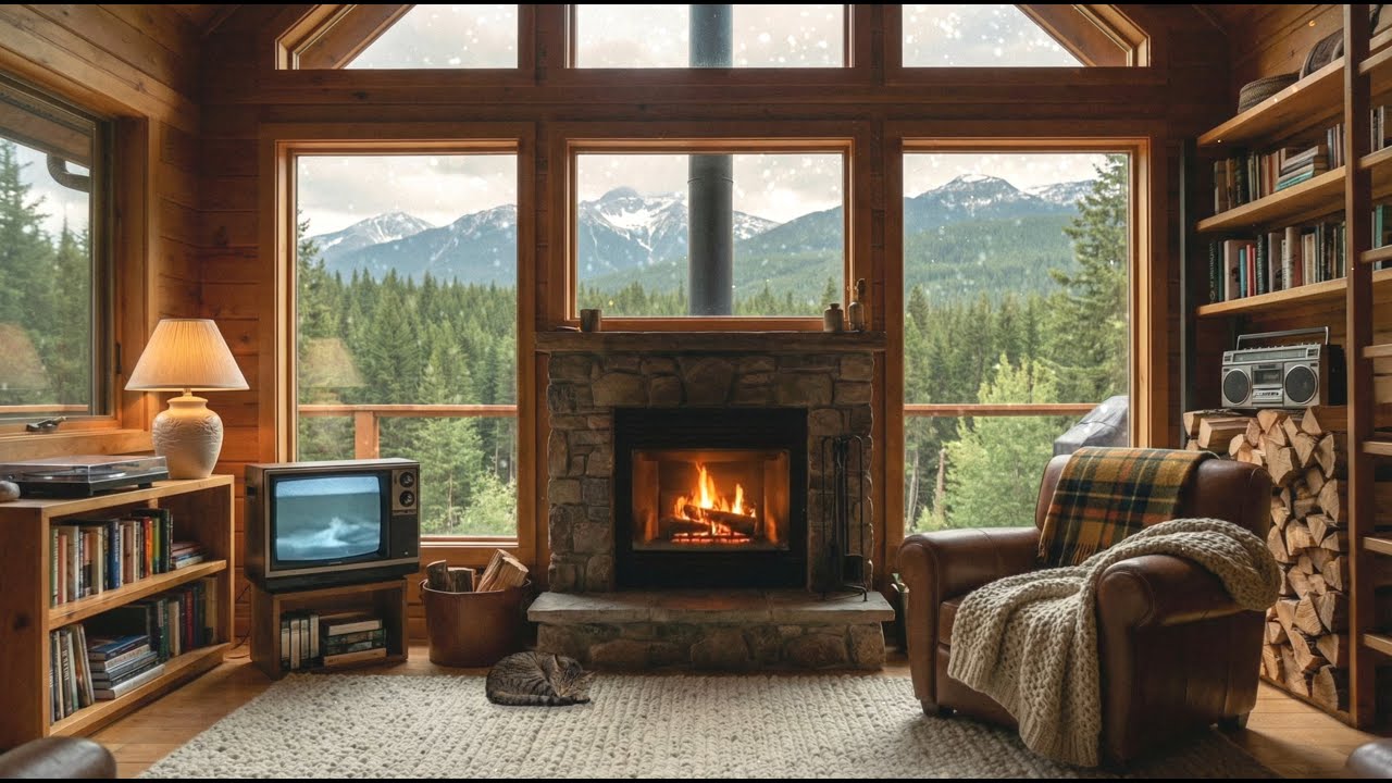 90s Mountain Cabin 🏔️ Retro Lofi Beats & Crackling Fireplace