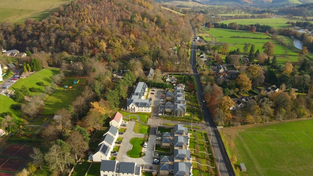 PEEBLES HYDRO 4K DRONE FOOTAGE PICTURESQUE TOWN IN SOTTISH BORDERS SCOTLAND UK