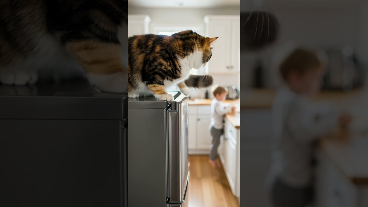 😹 🐈 Calico Cat jumps from fridge to Head! You wont believe this agile move