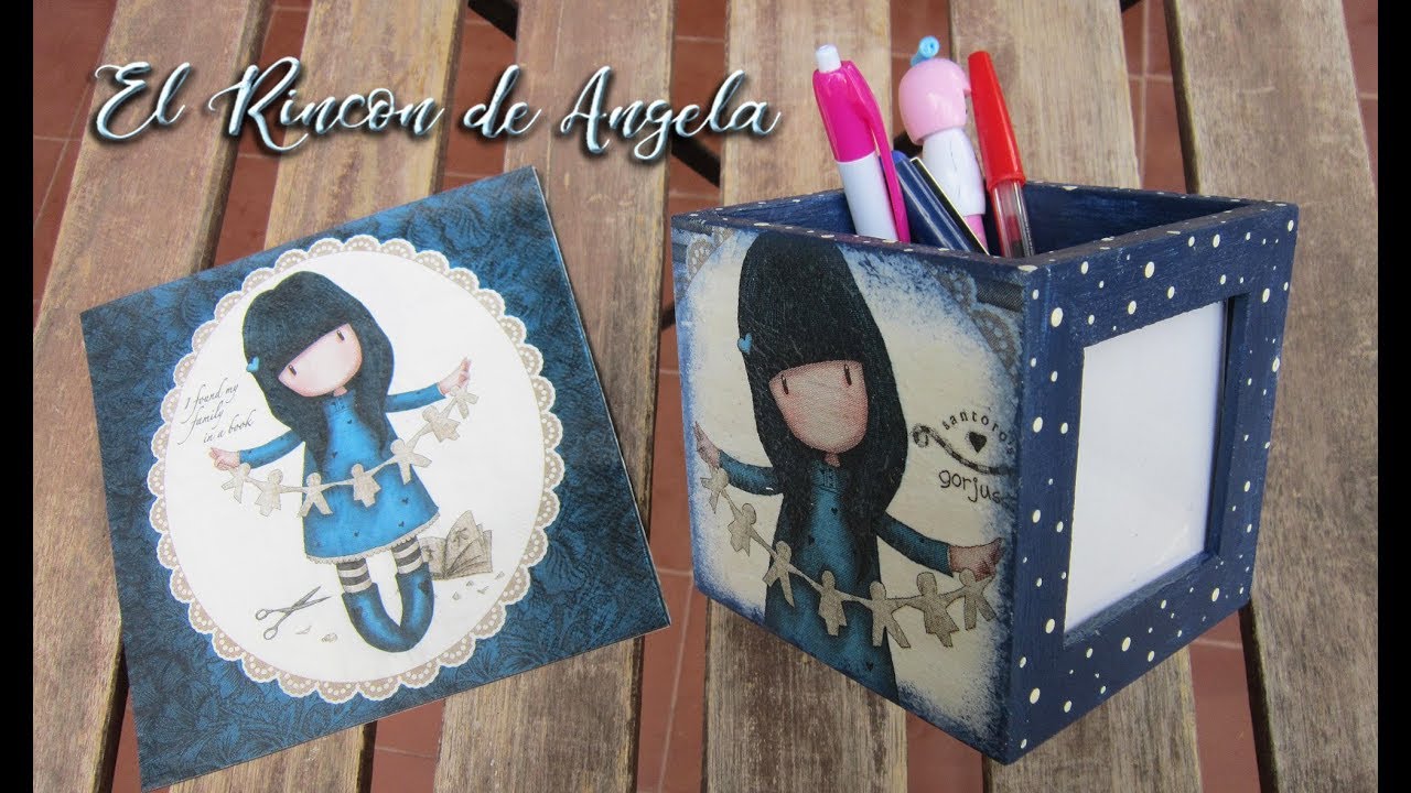 Portalapices con marco de fotos decorado con decoupage de gorjuss- Diy manualidades