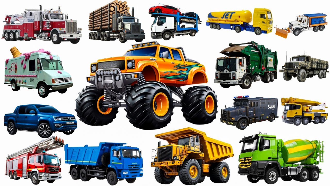 Большие грузовики для детей 🚚 | Изучаем названия грузовиков | Пожарная машина, самосвал, мусорово...