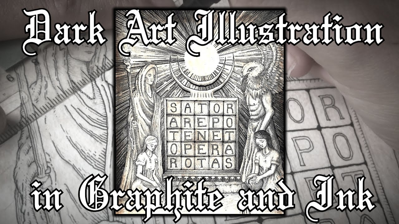 SATOR Square Ink Drawing. Graphite and Ink Timelapse on Hot-Pressed Watercolour Paper. Dark Art