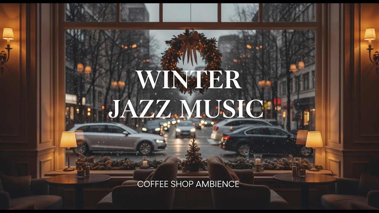 Soft Winter Jazz Music & Snowfall for Studying ⛄ Outdoor Coffee Shop Ambience with Warm Jazz Music