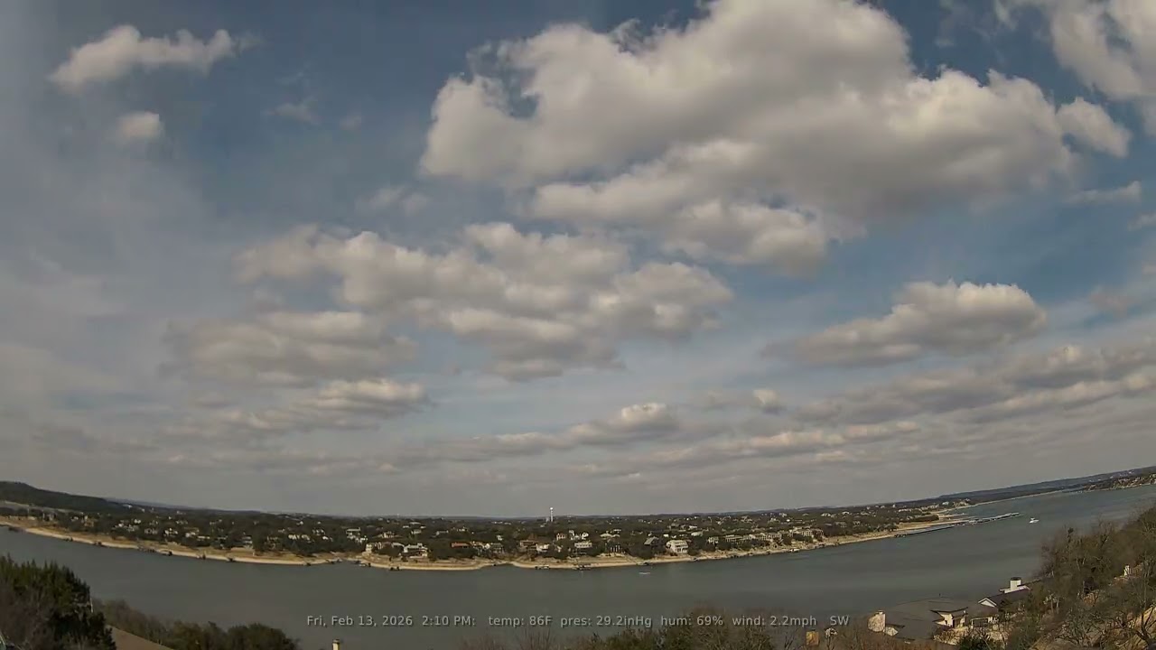 02/13/2026: Lake Travis, Texas (Austin, TX): 4K, 60fps Daily Weather & Boat Traffic Timelapse Video