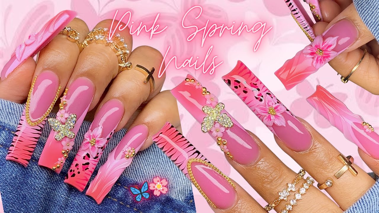 PEACHY PINK SPRING ACRYLIC NAILS 🌸🦋/ TRENDING GEL NAIL ART 