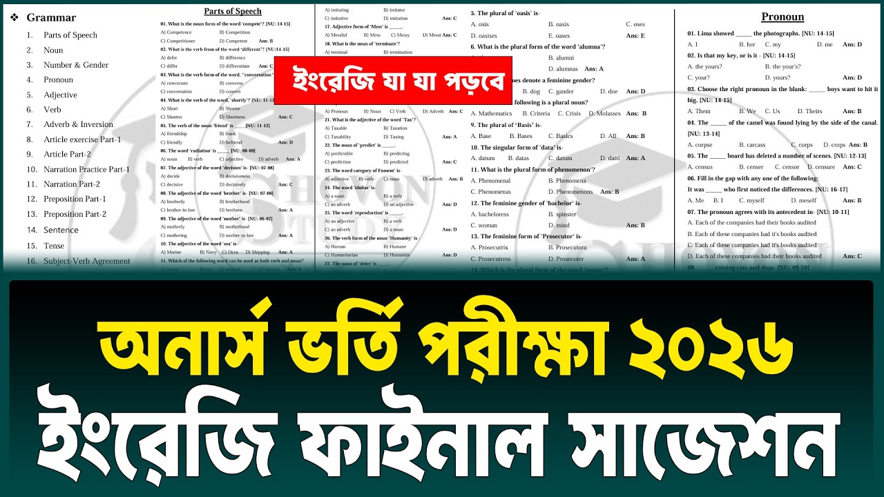 অনার্স ভর্তি পরীক্ষায় ইংরেজি ফাইনাল সাজেশন 2026 | Honours Admission English suggestion 2026