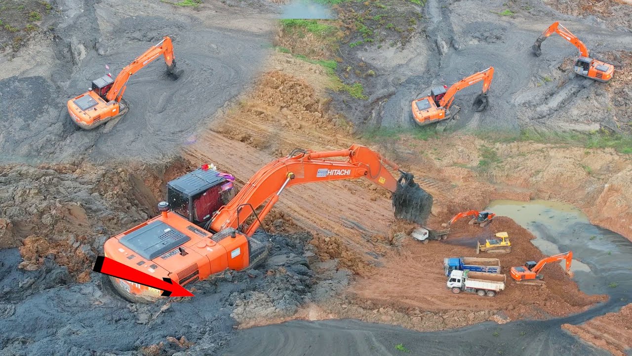 Big Excavator HITACHI in Stuck man