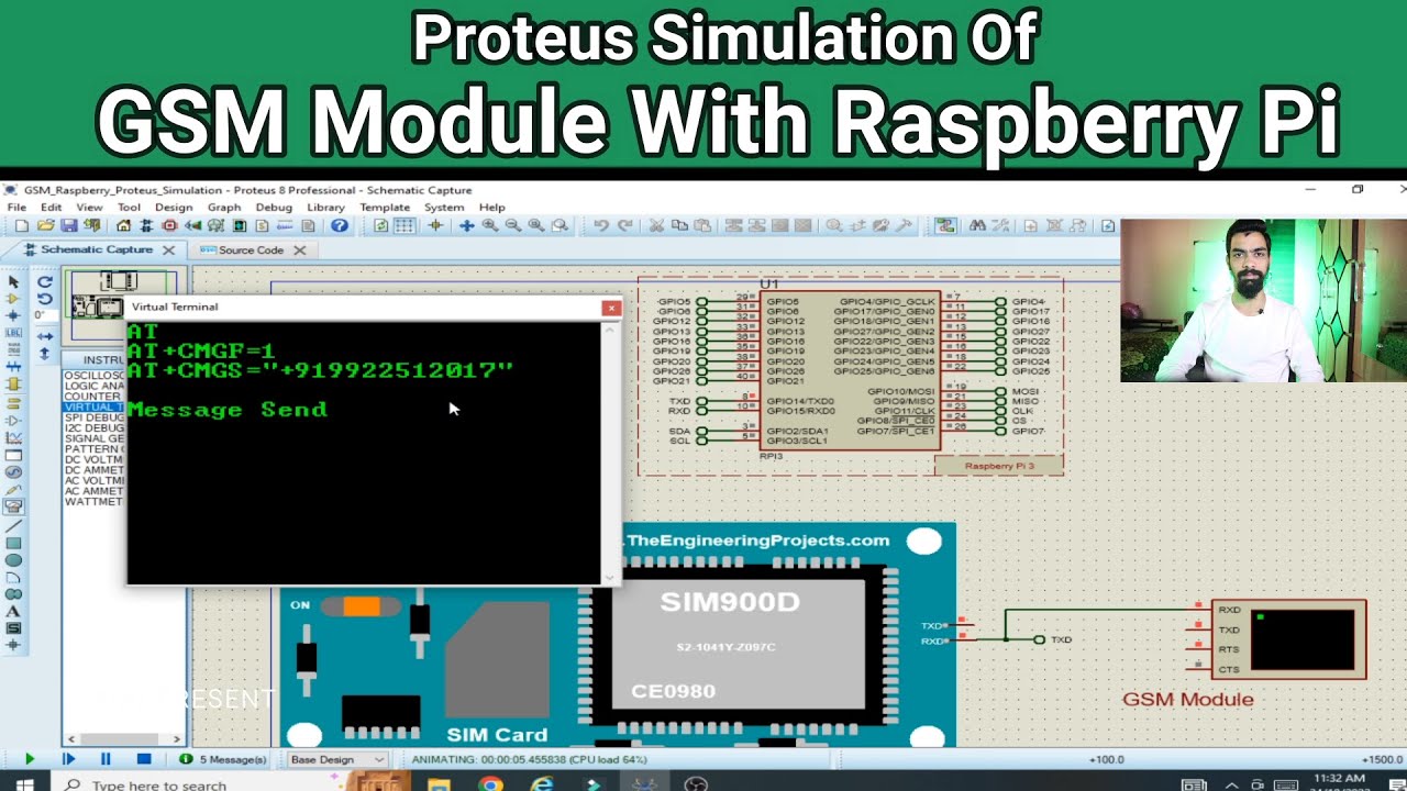 GSM Module With Raspberry pi  | Proteus Simulation