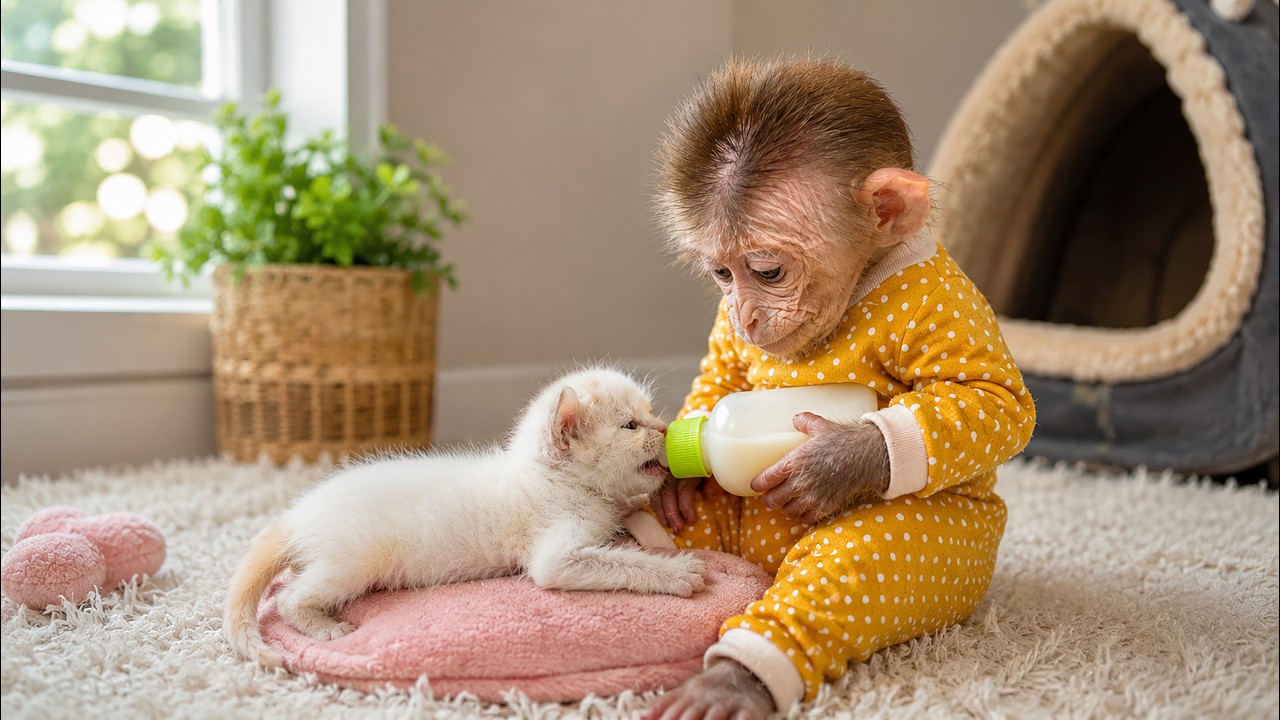 Baby Monkey Becomes Nanny Caring for Newborn Kitten