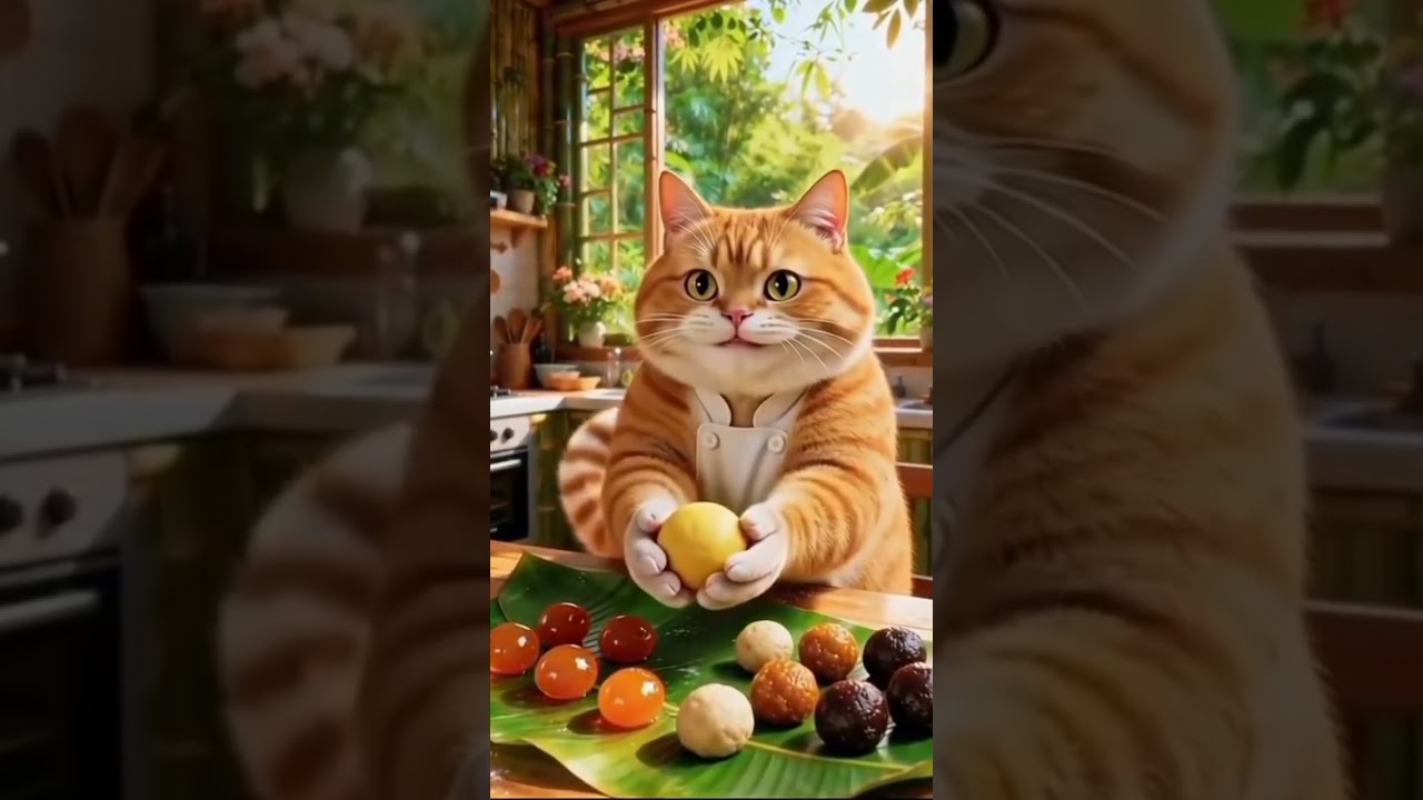 “Orange Cat Baking Bread While a Tiger Brings Sate – Unexpected Funny Animal Combo!”