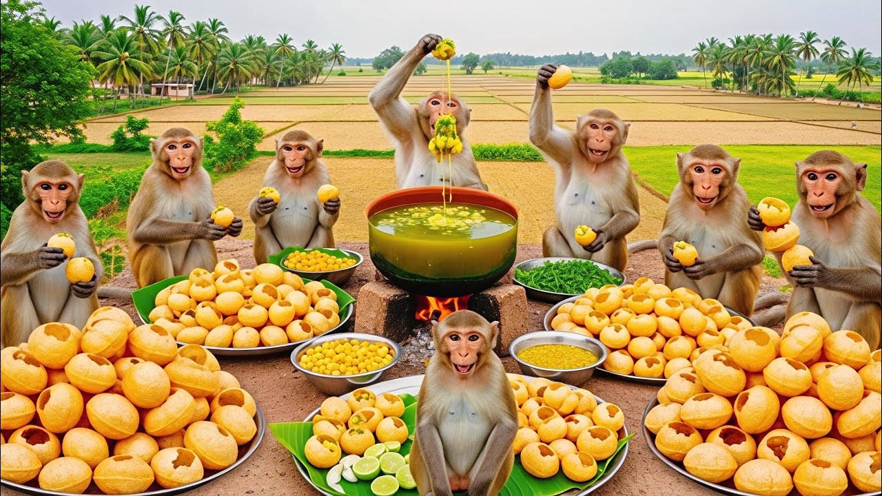 बंदरों ने मिलकर बनाया ढेर सारा पानीपुरी 😲 | Monkeys Cooking Pani Puri in Nature | Jungle Cooking