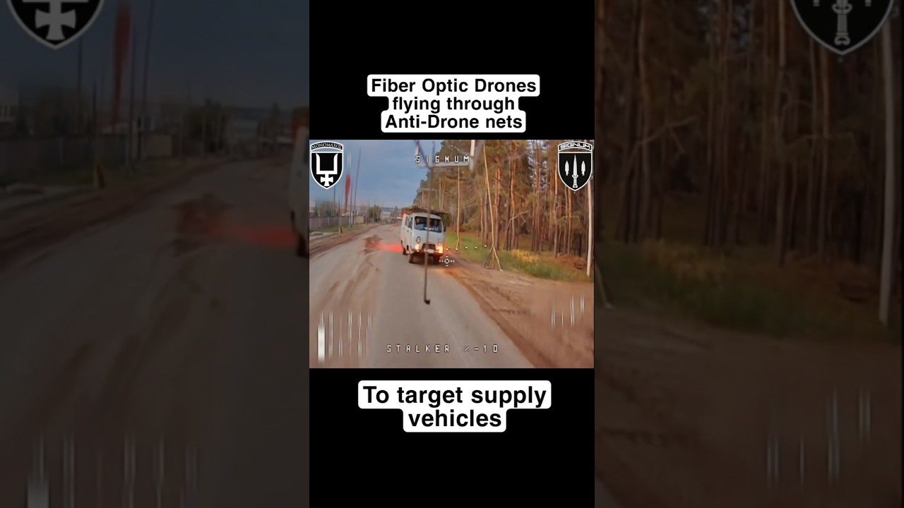 Fiber Optic Drone evades nets to target a supply vehicle.