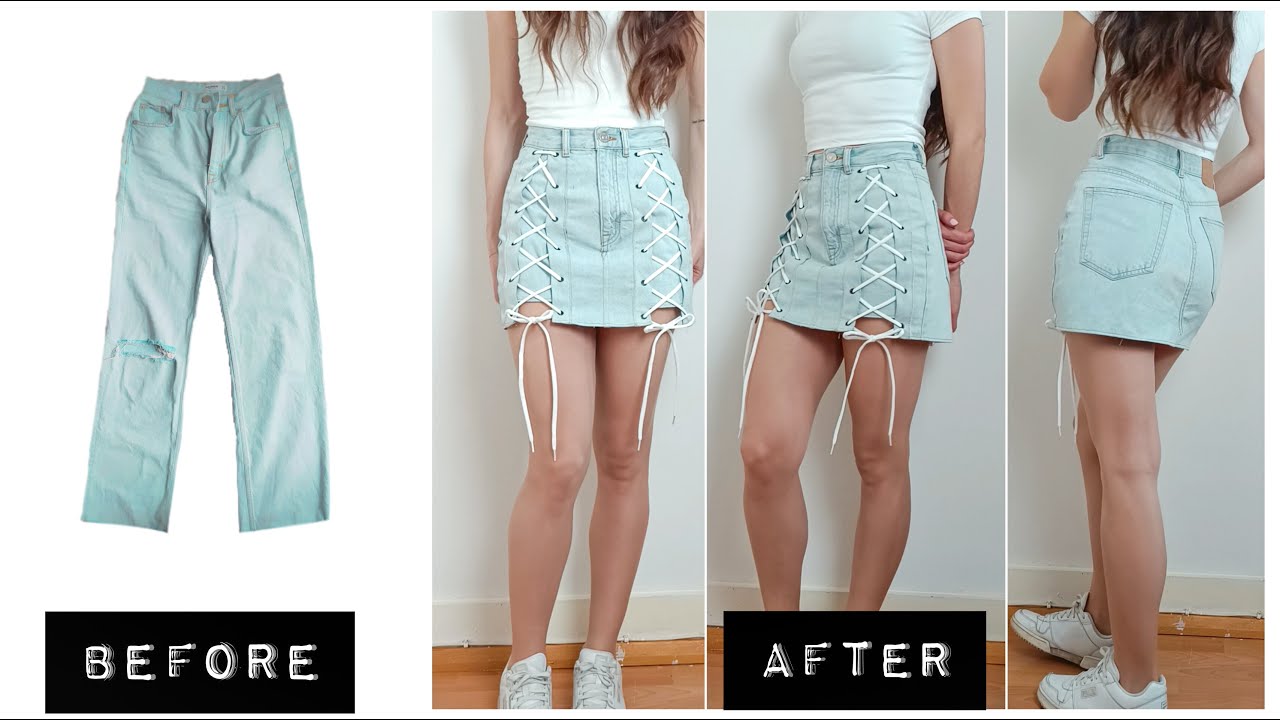 DIY - How to turn old JEANS into a LACE UP DENIM MIDI SKIRT