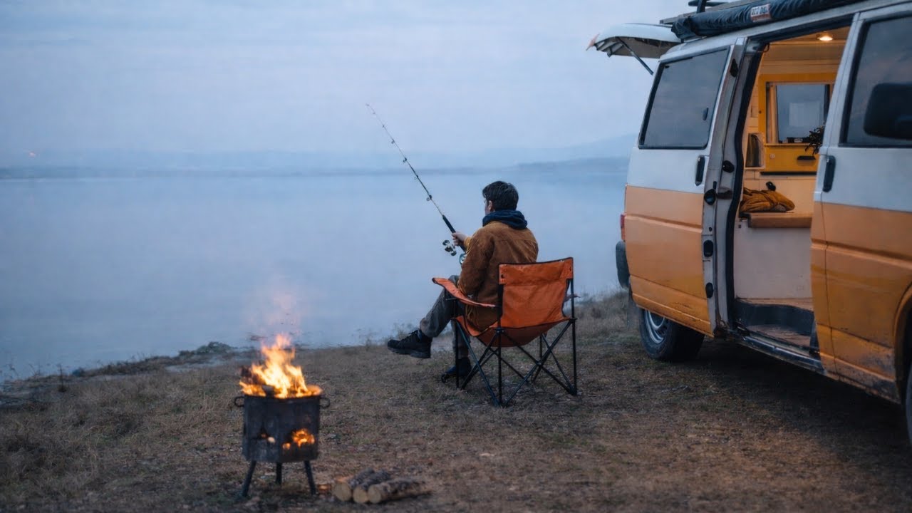 Silent Lakeside Camping | Fishing, Fire & Nature Sounds